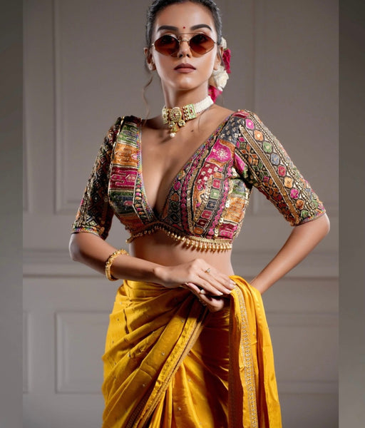 Yellow Gold Georgette Embroidered Blouse with Saree