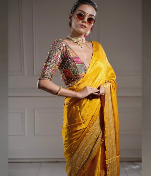 Yellow Gold Georgette Embroidered Blouse with Saree