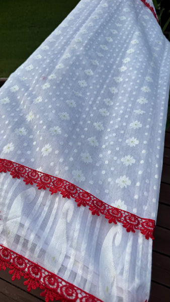 White Dhakai jamdani with Red Lace Border