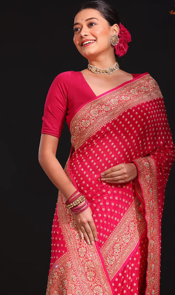 Rani Hot Pink Gold Khadi Banarasi Chiffon Georgette Saree