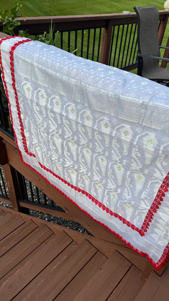White Dhakai jamdani with Red Lace Border