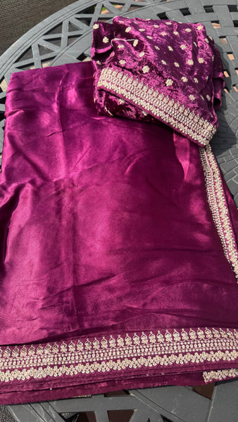 Magenta Wine Crepe Silk Sarees with Sabyasachi Border with Velvet Blouse