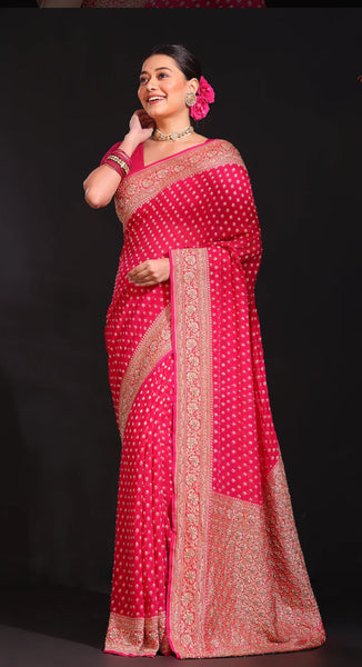 Rani Hot Pink Gold Khadi Banarasi Chiffon Georgette Saree