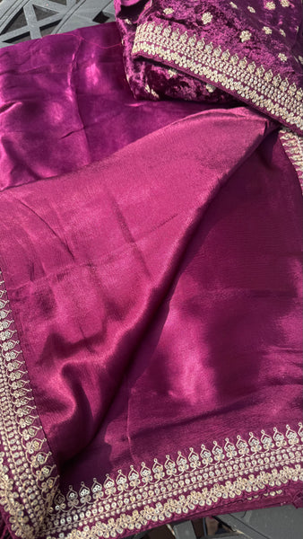 Magenta Wine Crepe Silk Sarees with Sabyasachi Border with Velvet Blouse