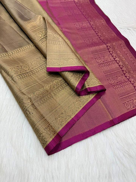 Tannish Gold Burgundy Maroon Pure Silk Kanchipuram Saree