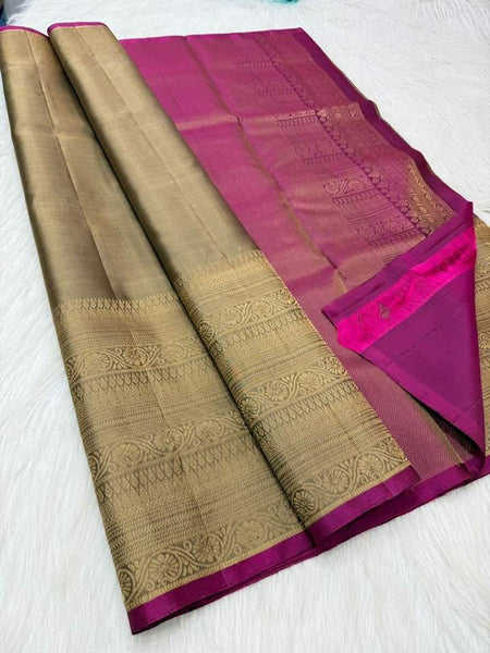 Tannish Gold Burgundy Maroon Pure Silk Kanchipuram Saree