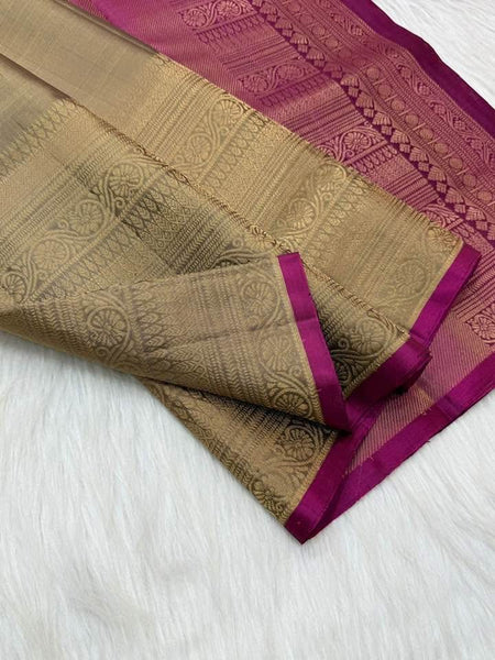 Tannish Gold Burgundy Maroon Pure Silk Kanchipuram Saree