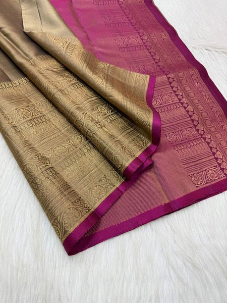 Tannish Gold Burgundy Maroon Pure Silk Kanchipuram Saree