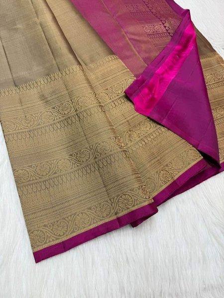 Tannish Gold Burgundy Maroon Pure Silk Kanchipuram Saree