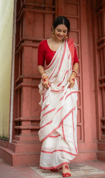 Agamoni Durga Puja Collection Red & White Begampuri Saree
