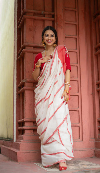 Agamoni Durga Puja Collection Red & White Begampuri Saree