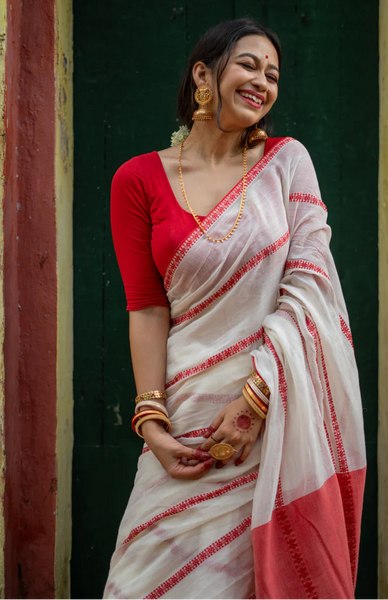 Agamoni Durga Puja Collection Red & White Begampuri Saree
