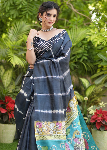 PURE TUSSAR SILK BLACK SHIBORI SAREE WITH KALAMKARI DESIGN PALLU