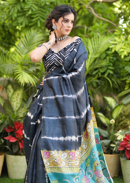 PURE TUSSAR SILK BLACK SHIBORI SAREE WITH KALAMKARI DESIGN PALLU