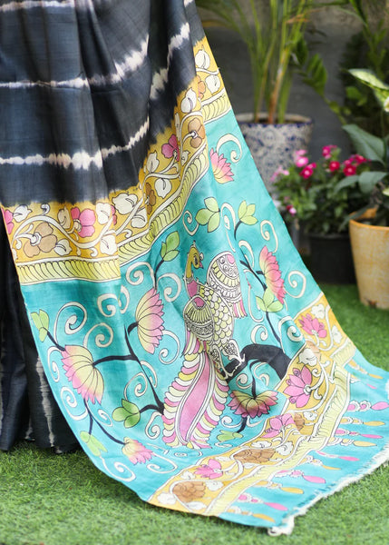 PURE TUSSAR SILK BLACK SHIBORI SAREE WITH KALAMKARI DESIGN PALLU