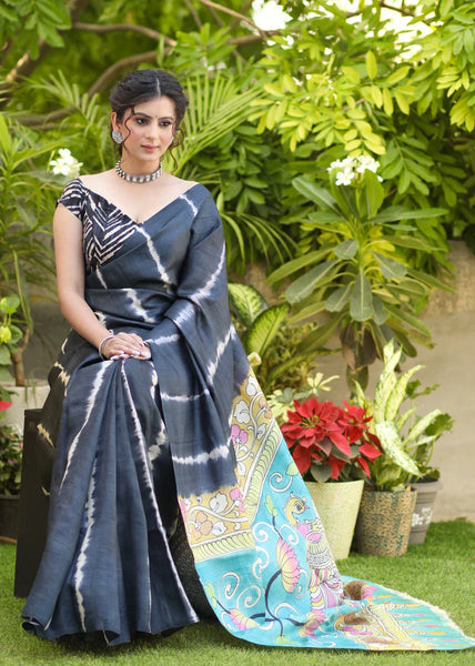 PURE TUSSAR SILK BLACK SHIBORI SAREE WITH KALAMKARI DESIGN PALLU