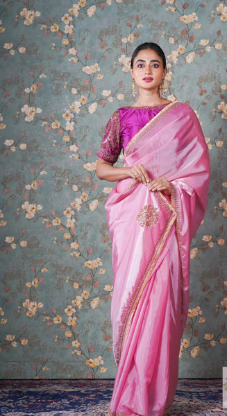 Pink Buttersilk Hand Embroidered Silk Saree