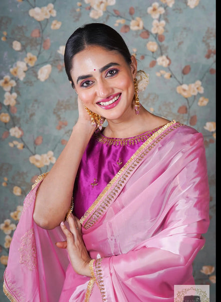Pink Buttersilk Hand Embroidered Silk Saree