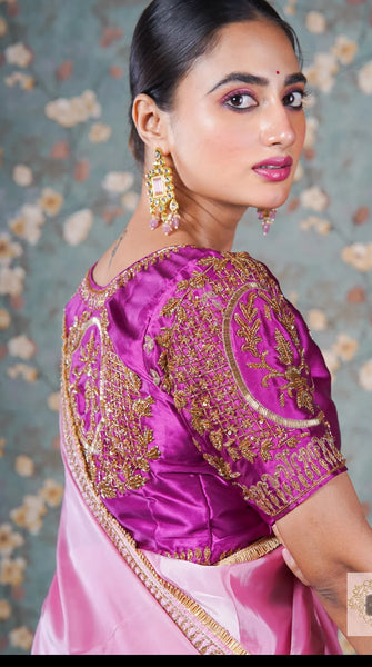 Pink Buttersilk Hand Embroidered Silk Saree