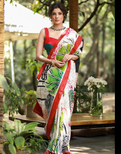 OFF-WHITE PURE SILK BATIK SAREE WITH FUSION HANDPAINTING
