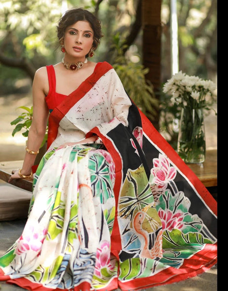OFF-WHITE PURE SILK BATIK SAREE WITH FUSION HANDPAINTING