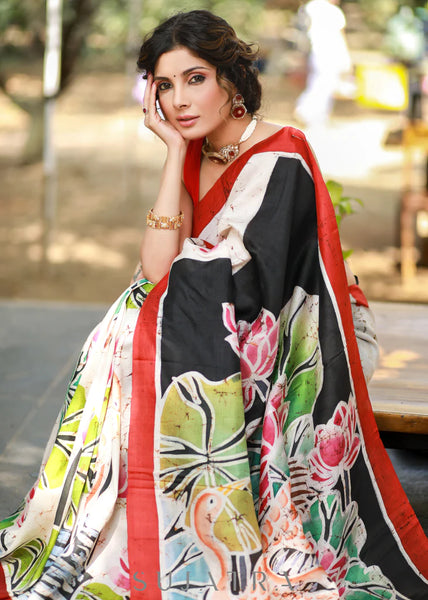OFF-WHITE PURE SILK BATIK SAREE WITH FUSION HANDPAINTING
