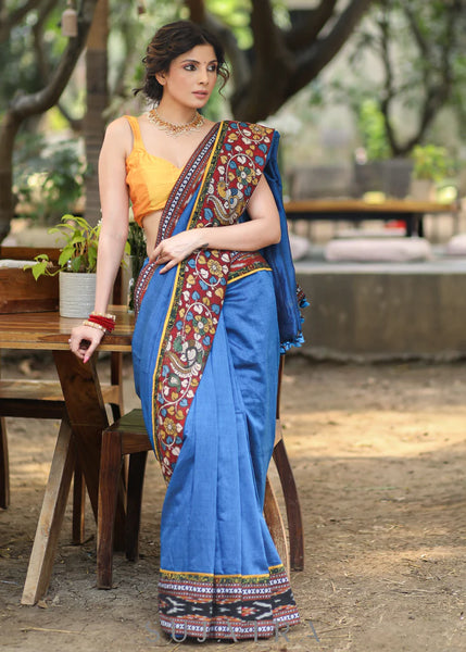 BLUE COTTON SAREE WITH KALAMKARI & IKAT BORDER
