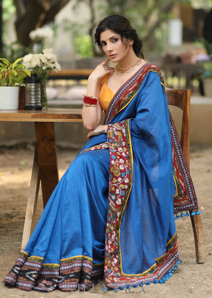 BLUE COTTON SAREE WITH KALAMKARI & IKAT BORDER
