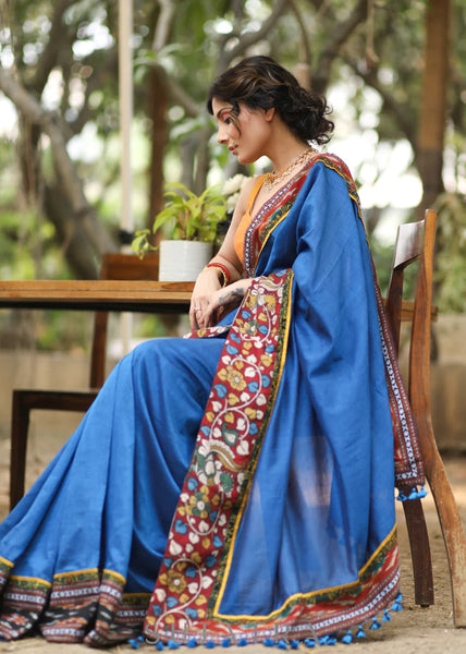 BLUE COTTON SAREE WITH KALAMKARI & IKAT BORDER