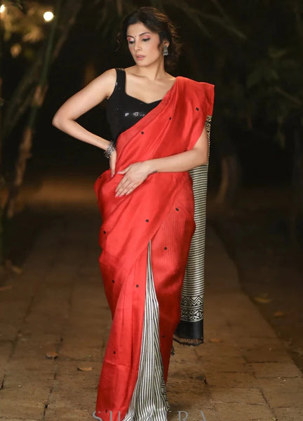RED PURE SILK BLOCK PRINTED SAREE
