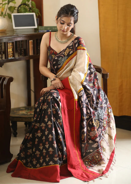 BLACK PRINTED SAREE WITH KALAMKARI HAND PAINTED PALLU AND BORDER
