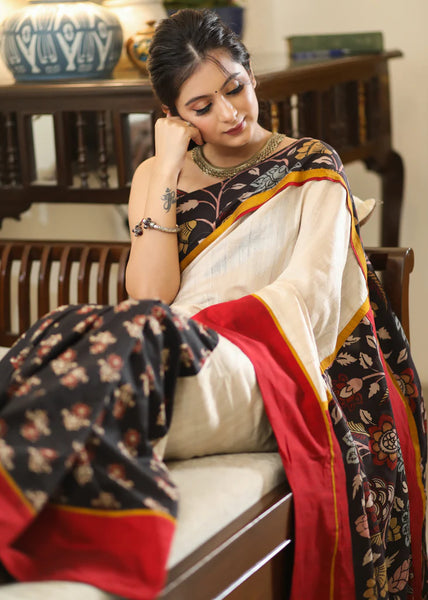 BLACK PRINTED SAREE WITH KALAMKARI HAND PAINTED PALLU AND BORDER