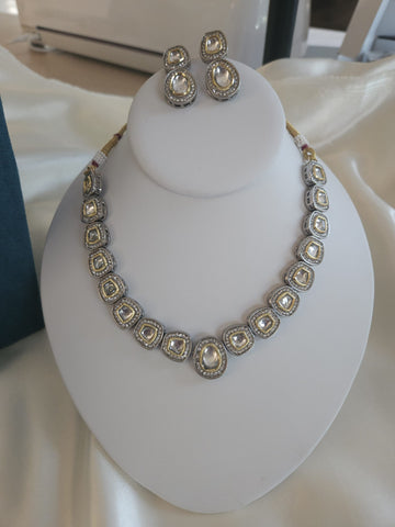 Rodium and goldplated dualtone kundan statement necklace set