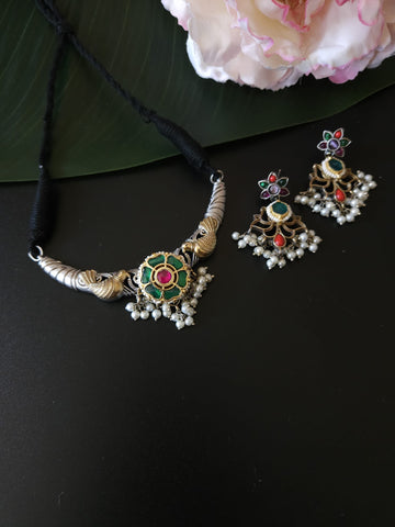 Dualtone Hasli Necklace and Earring with Ruby and Green Stone