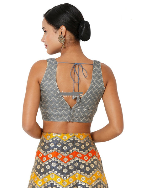 Readymade Women’s Brocade Padded Back Open Elbow Sleeves Grey Saree Blouse