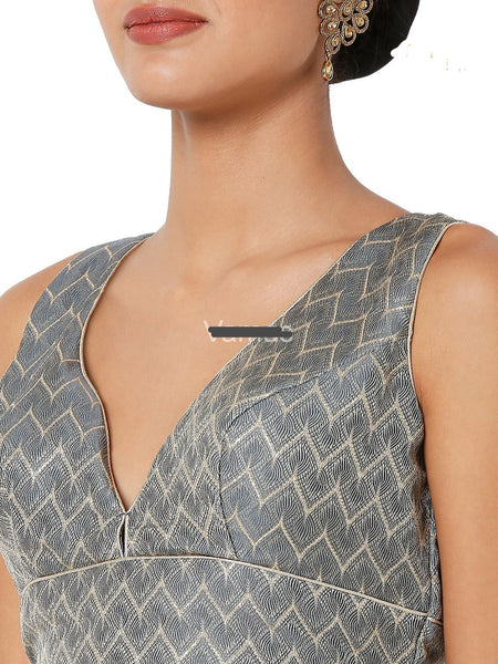 Readymade Women’s Brocade Padded Back Open Elbow Sleeves Grey Saree Blouse