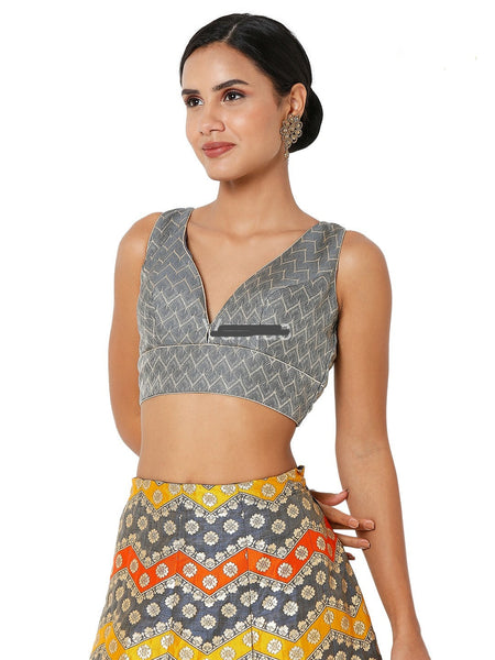 Readymade Women’s Brocade Padded Back Open Elbow Sleeves Grey Saree Blouse
