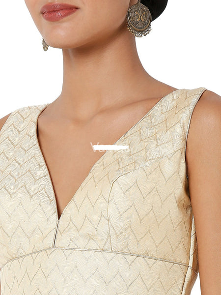 Readymade Women’s Brocade Padded Back Open Elbow Sleeves Light Gold Saree Blouse