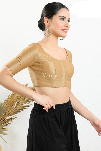 Mulbury Gold Silk Padded Front Open Elbow Sleeves Readymade Blouse