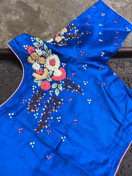 Readymade Blue and Pink Pure Cotton Silk Embroidery Blouse