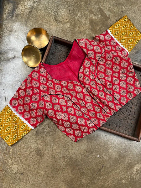 Readymade Pure Cotton Ajrakh Blouse with Embroidery Blouse