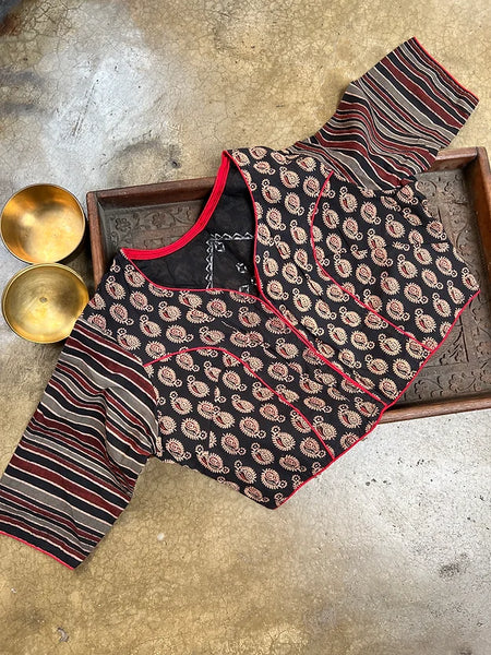 Readymade Pure Cotton Ajrakh Blouse with Kutch Embroidery Blouse