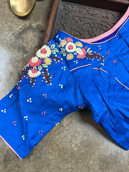 Readymade Blue and Pink Pure Cotton Silk Embroidery Blouse