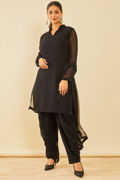 Black Georgette Embellished Dhoti Suit Set with Dupatta