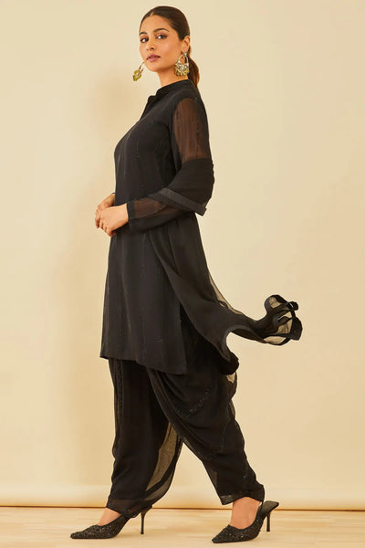 Black Georgette Embellished Dhoti Suit Set with Dupatta