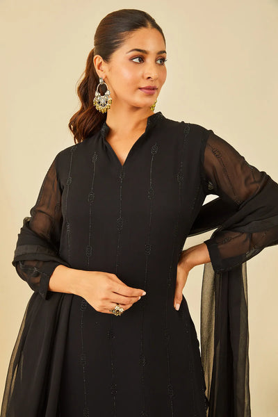 Black Georgette Embellished Dhoti Suit Set with Dupatta