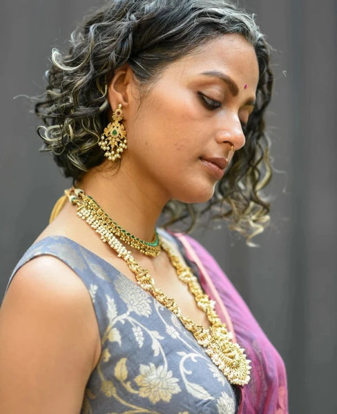 Readymade Grey Silk Sleeveless Blouse With Floral Design