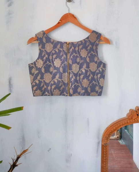 Readymade Grey Silk Sleeveless Blouse With Floral Design