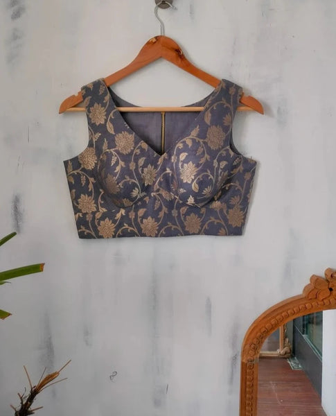 Readymade Grey Silk Sleeveless Blouse With Floral Design