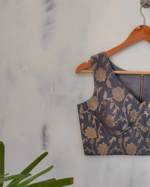Readymade Grey Silk Sleeveless Blouse With Floral Design
